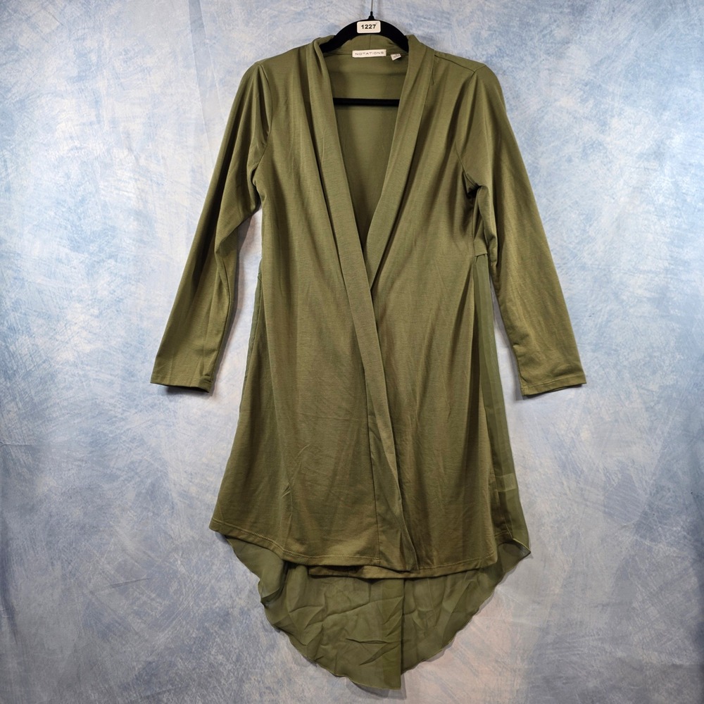 Notations Womens Olive‎ Green Sheer Mixed Media High Low Open Front Cardigan S